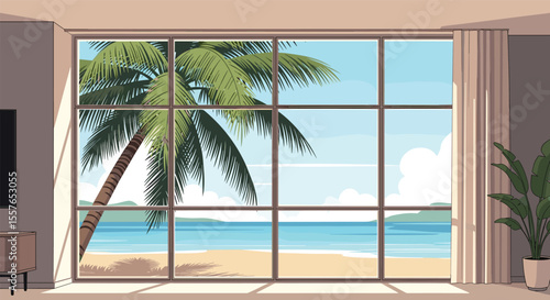 Oceanfront Living Room with Large Window Views of Tropical Beach and Palm Trees