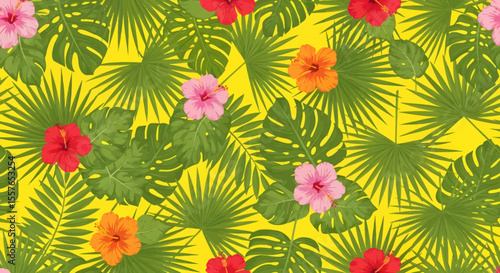 Vibrant tropical pattern with hibiscus flowers and palm leaves on yellow background.