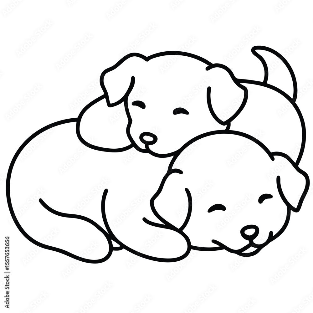 Fototapeta premium Two adorable puppies sleeping peacefully together in a cute outline drawing