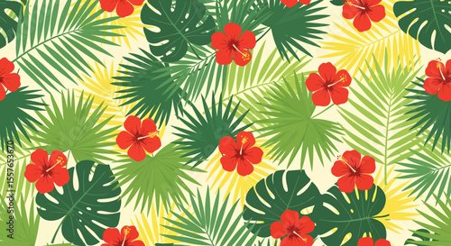 Vibrant tropical pattern with red hibiscus flowers and stylized palm leaves.