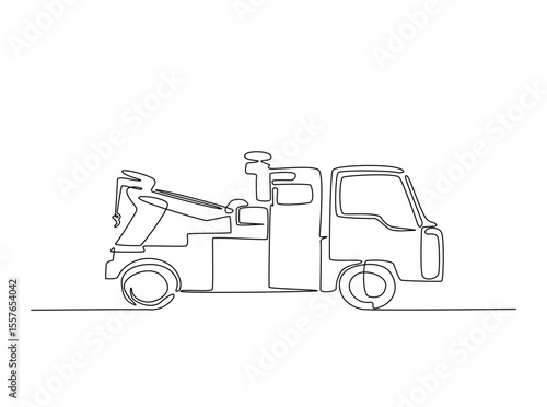Tow truck with winches in single outline illustration. Continuous line art drawing of car tow truck.