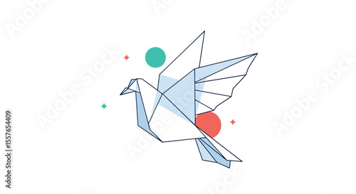 Geometric Origami Dove Flying Gracefully with Abstract Circles and Starbursts Decoration