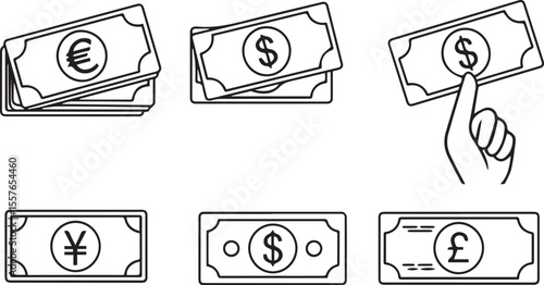 Currency symbols on paper money and hand holding banknote banknotes euro