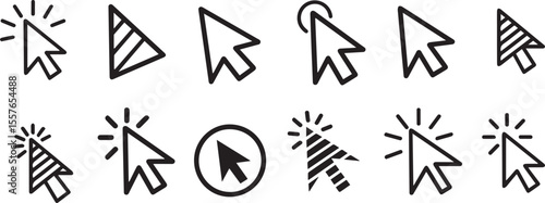 Cursor icons pointing and clicking with radiating lines pointer selection