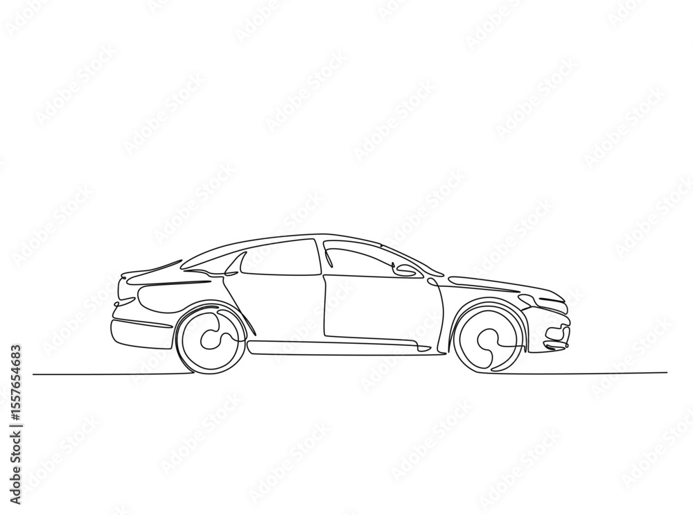 Fototapeta premium City car in single outline illustration. Continuous line art drawing of car.