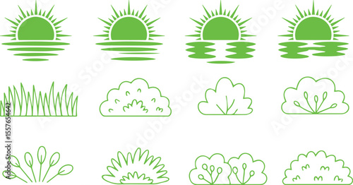 Green sunrises and foliage icons water reflection