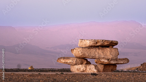 Cuadro en lienzo Stacked Rock Formation at Mitzpe Ramon Crater, Israel – Desert Landscape at Dusk
