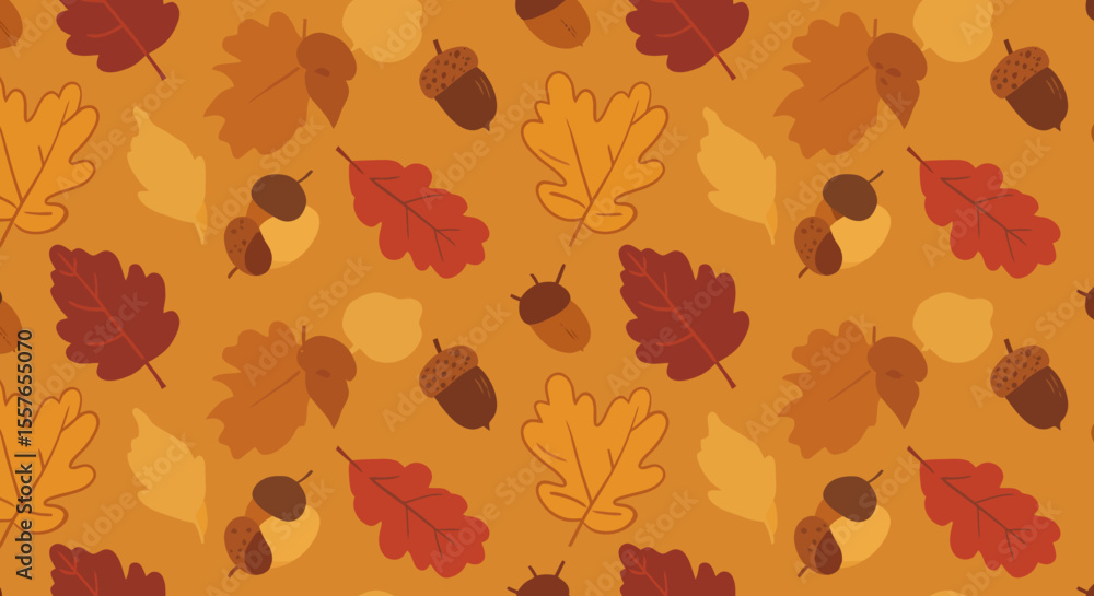 Fototapeta premium Autumnal Acorns and Oak Leaves Pattern in Warm Earth Tones.
