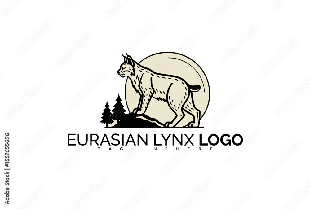 Obraz premium Elegant Eurasian Lynx Logo Design in Minimal Linear Style. Ideal for High-End Organic Clothing Lines, Ethical Forest Brand Logos, and Gentle Nature Identity.