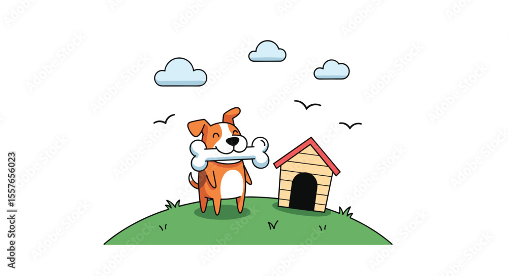 Naklejka premium Happy Dog Playing with Bone Outside Its Kennel under a Sunny Sky