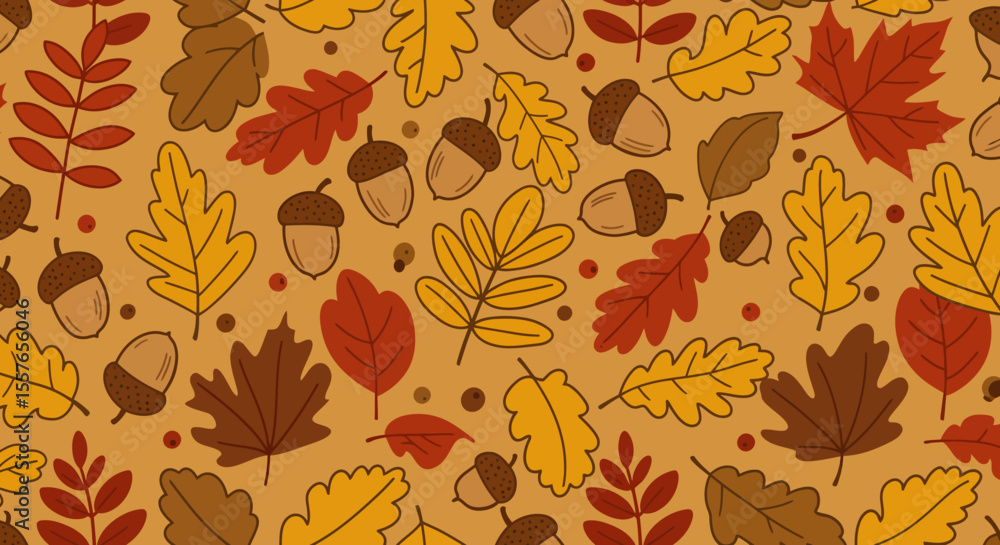 Fototapeta premium Autumnal Pattern with Stylized Oak Leaves Acorns and Berries in Warm Earth Tones.