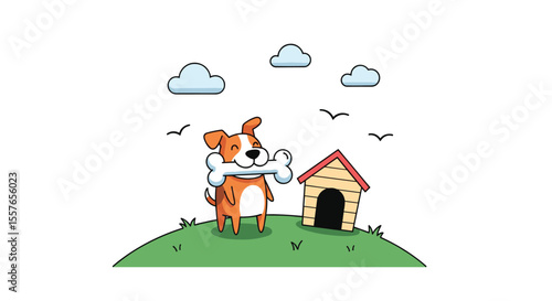 Happy Dog Playing with Bone Outside Its Kennel under a Sunny Sky