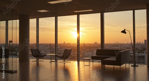 Interior office space with large windows overlooking a city skyline at sunset.