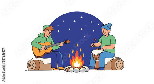 Two friends enjoying music and bonfire under starry night sky playing guitar and drums
