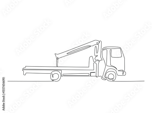 Tow truck with winches in single outline illustration. Continuous line art drawing of car tow truck.