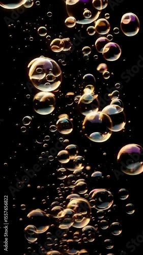 Floating Bubbles Illuminated Against Black Background Showing Transparency and Reflections