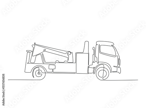 Tow truck with winches in single outline illustration. Continuous line art drawing of car tow truck.