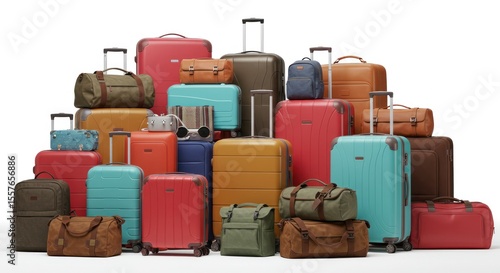 A collection of various colored suitcases and bags stacked against a white background, ready for travel.