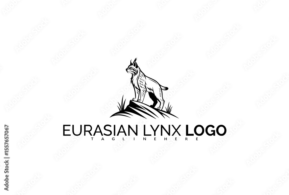 Fototapeta premium Powerful Eurasian Lynx Logo Design with a Minimalist Forest Scene. Ideal for Rugged Adventure Labels, Hiking Trails Branding, and Wildlife Tour Company Identity.