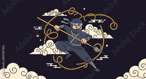 Agile Shadow Warrior Ascending Through Ethereal Cloud Formation with Weapon