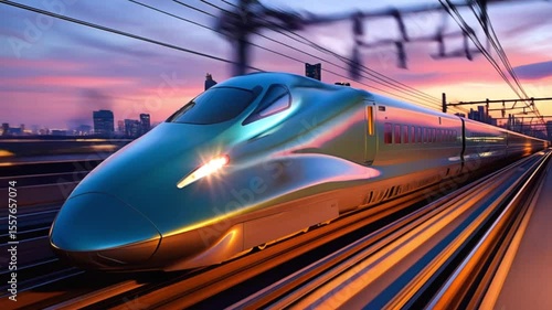 Modern high speed shinkansen train swiftly travels through an urban environment during a vibrant sunset, showcasing its sleek design and advanced technology