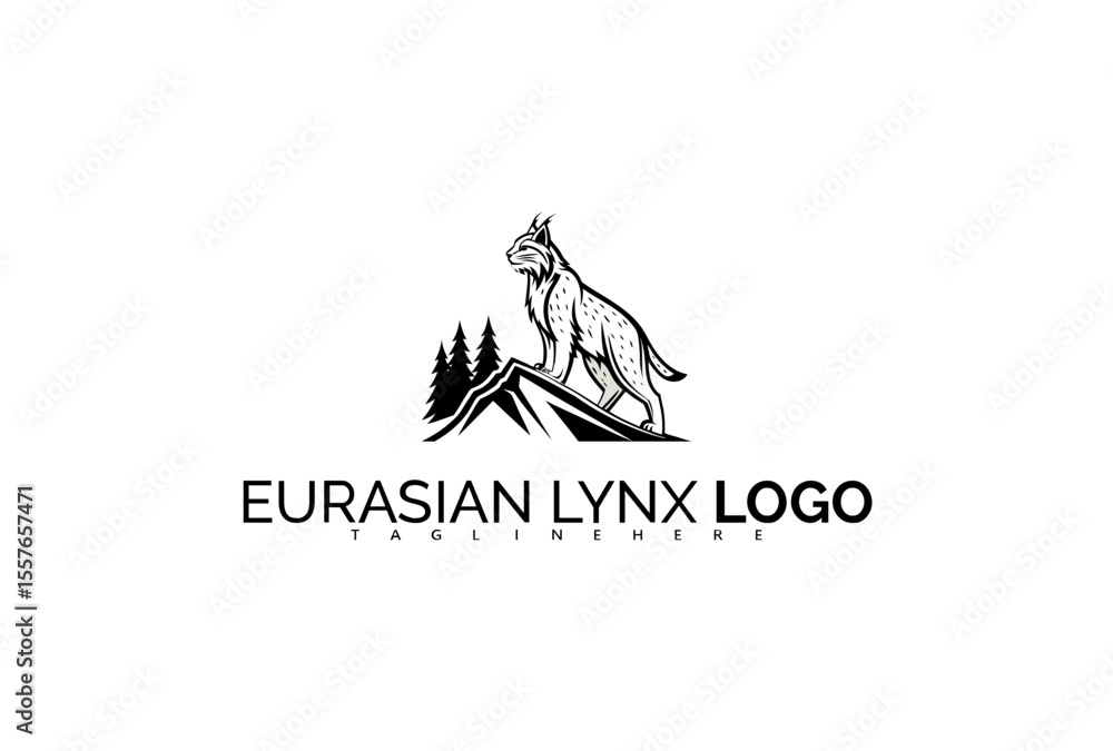 Obraz premium Powerful Eurasian Lynx Logo Design for Brand Identity Centered on Strength. Featuring a Wildcat with Piercing Eyes, Ideal for Sporty and Rugged Nature Brands.