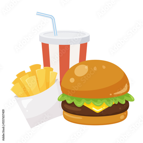 ハンバーガーとポテトとドリンクのセットのイラスト素材