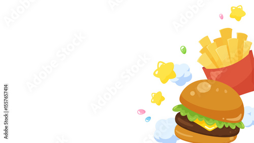 かわいいハンバーガーとポテトのフレームイラスト_16:9
