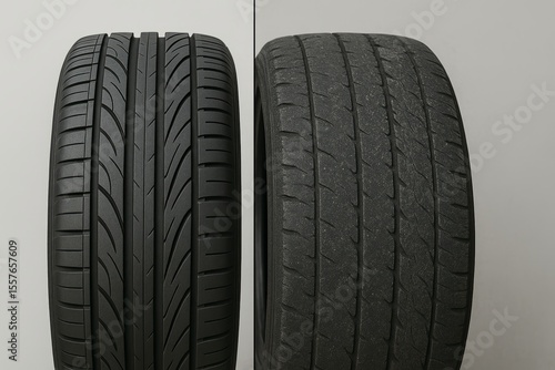 New vs Worn Car Tires Tread Depth Comparison Automotive Safety Tire Maintenance