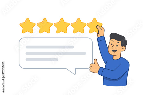 Customer satisfaction concept. 3D man gives a positive review with a thumbs up. Five star rating for best quality service. Client feedback, user experience and testimonial vector.