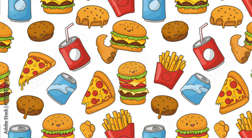 Cartoon Fast Food Pattern Burgers Pizza Fries Soda Chicken Nuggets and Donuts.