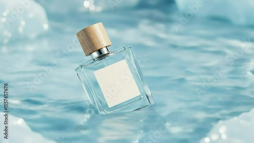 Perfume bottle floats in icy water; mockup