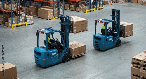 Two forklifts moving cardboard boxes in a warehouse, showcasing logistics and industrial activity.