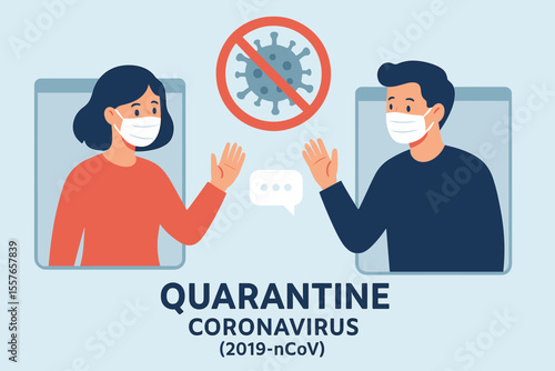 Coronavirus quarantine communication concept. Man and woman wearing medical masks talking via video call. Social distancing and self-isolation during Covid-19 pandemic vector banner.