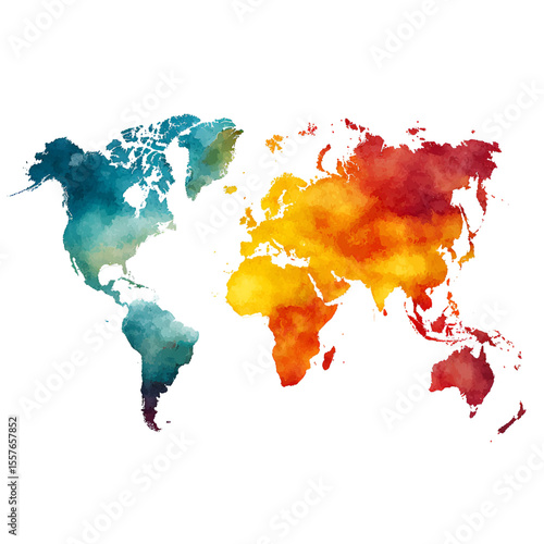 Watercolor World Map Global View Colorful Continents,