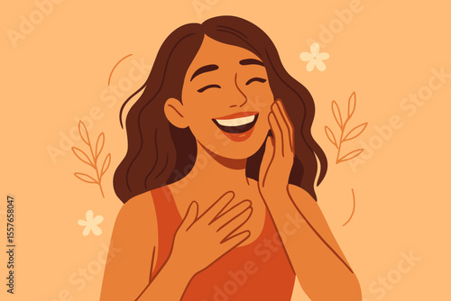 Beautiful young woman laughing with joy and touching her face. Concept of mental health, well-being, and self-love. Happy female character feeling positive emotions. Modern vector illustration.