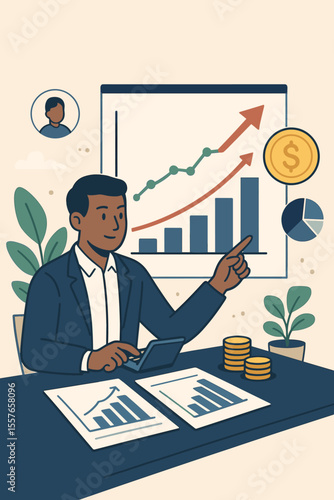 Financial analyst analyzing data for long-term investment growth. Businessman presenting a company finance strategy with charts and graphs. Business planning and success concept vector.