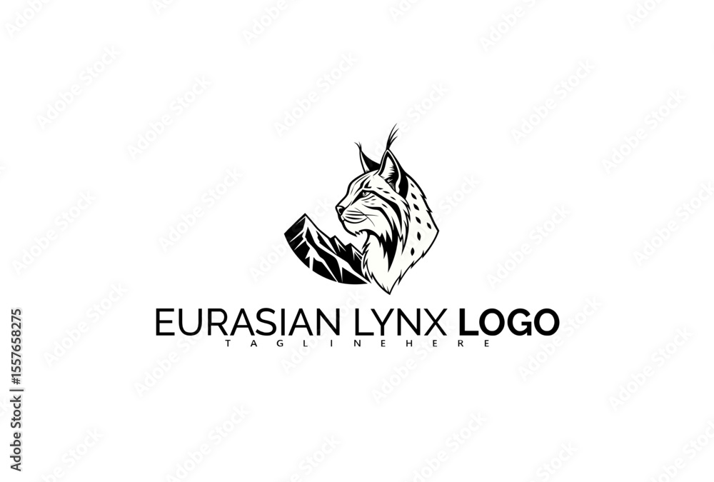 Obraz premium Powerful Eurasian Lynx Logo Design in Black and White Silhouette. Perfect for Bold Brand Identity, Sports Mascots, Outdoor Apparel, and Nature Reserve Visual Branding.