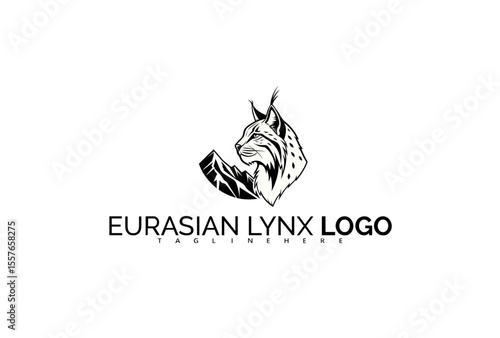 Powerful Eurasian Lynx Logo Design in Black and White Silhouette. Perfect for Bold Brand Identity, Sports Mascots, Outdoor Apparel, and Nature Reserve Visual Branding.

