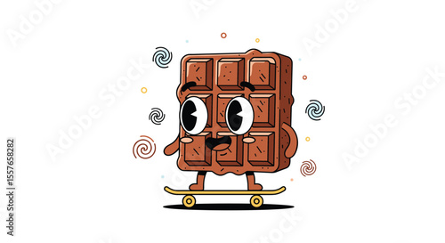 Dancing Chocolate Bar Character Riding a Skateboard with Swirling Effects