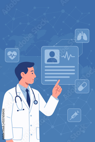 Doctor using a futuristic virtual interface to access electronic health records. Digital healthcare concept with a medical network, patient data, diagnosis, and global connection.