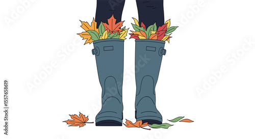 Enjoying the Autumn Season with Stylish Rubber Boots Filled with Colorful Fall Leaves and Scattered on the Ground