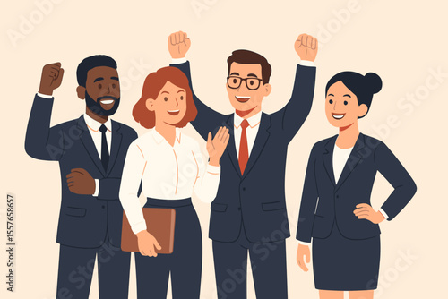 Happy successful multiethnic business team celebrating. Diverse group of corporate colleagues cheering with raised fists. Teamwork, achievement, and victory concept. Flat vector illustration.