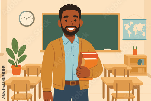 Happy African American male teacher holding books in a classroom. Friendly educator or professor standing in front of a blackboard. Education and back to school vector concept.