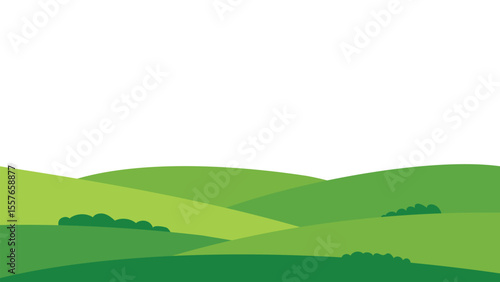 Scenic Green Hills Transparent Background. Illustration with Rolling Landscape and Bushes, PNG