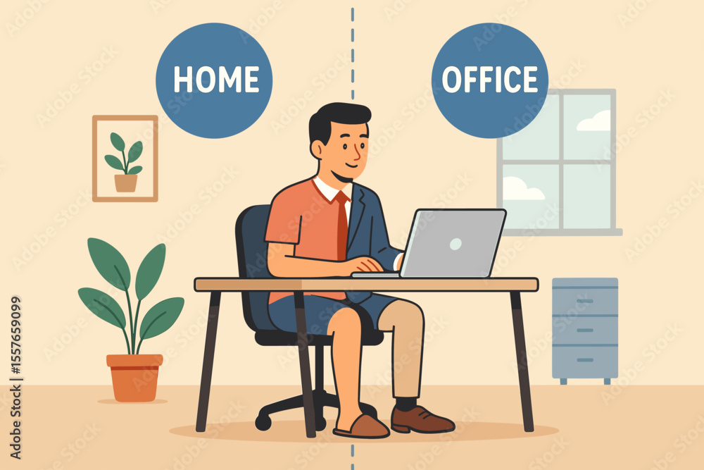 Hybrid work model concept. Man divided between casual clothes at home and formal suit in the office. Employee choice for a flexible schedule. Remote work vs corporate job. New normal. Hybrid work model concept. Man divided between casual clothes at home and formal suit in the office. Employee choice for a flexible schedule. Remote work vs corporate job. New normal.