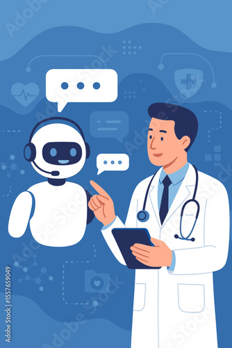 Doctor consults AI medical chatbot using a tablet. Artificial intelligence and machine learning in healthcare. Virtual assistant for online diagnosis and data exchange on a medical network.