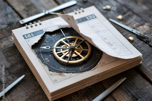 A paper calendar peeling back to reveal a mechanical clock beneath, gears turning through the torn pages, surreal fusion of time concepts