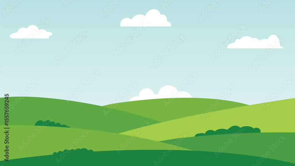 Cartoon Green Hills Vector Background, Clouds and Bushes for Children's Illustration Cartoon Green Hills Vector Background, Clouds and Bushes for Children's Illustration