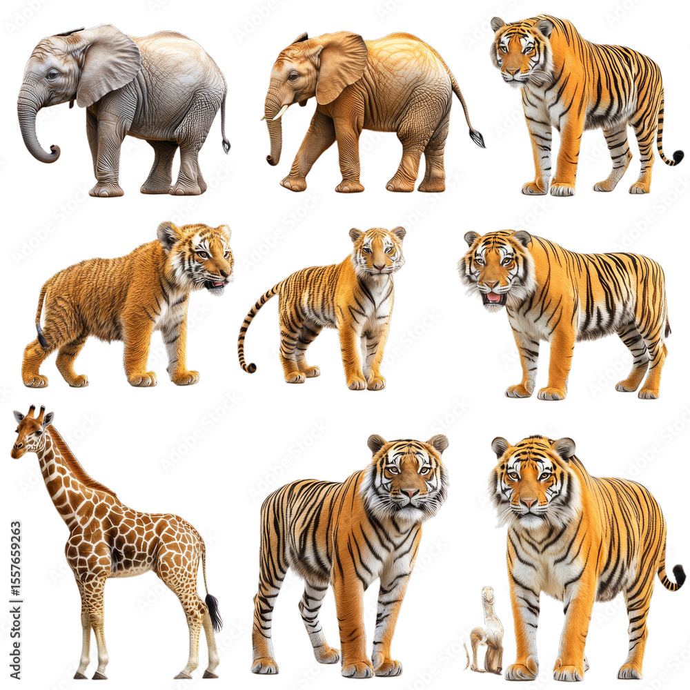 Obraz premium A Vibrant Collection of Majestic Animals: Elephants and Tigers Representing Nature's Diversity and Beauty in the Wild